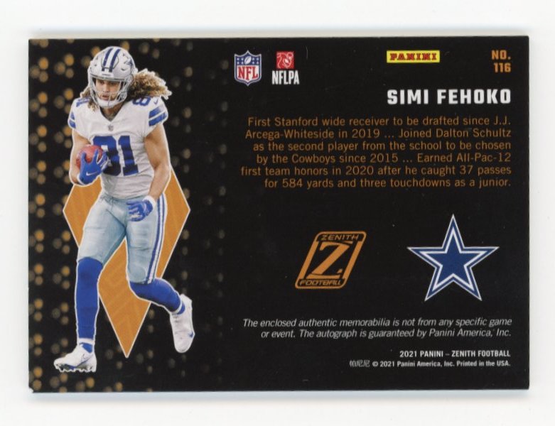 2021 Panini Zenith Simi Fehoko #116 - #/50 Patch Auto