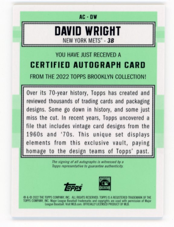 2022 Topps Brooklyn Collection David Wright #AC-DW - Autograph