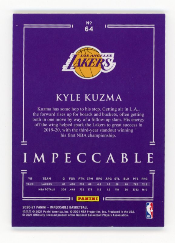 2020/21 Panini Impeccable Kyle Kuzma #64 - #/60