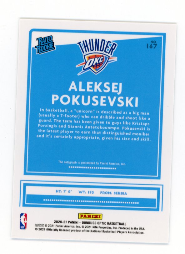 2020/21 Panini Donruss Optic Aleksej Pokusevski Rated Rookie RC #167 - Auto Silver