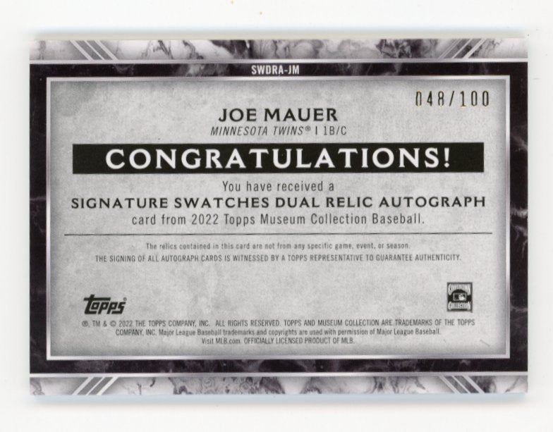 2022 Topps Museum Collection Joe Mauer #SWDRA-JM - #/100 Dual Swatch Autograph
