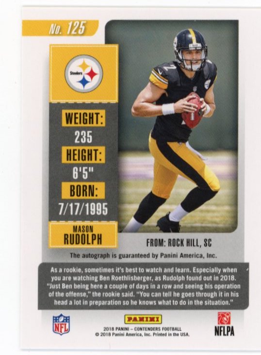 2018 Panini Contenders Mason Rudolph Rookie Ticket RC #125 - FOTL