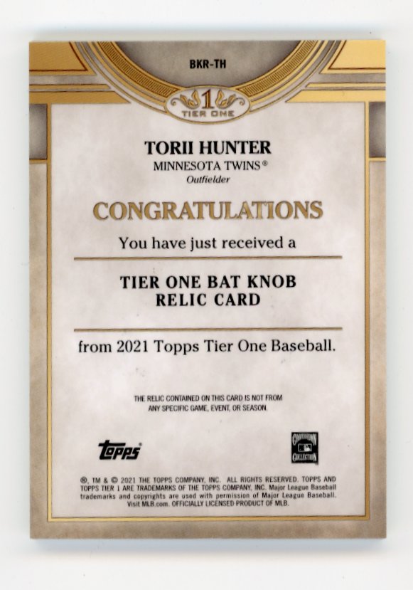 2021 Topps Tier One Torii Hunter #BKR-TH - #1/1 Bat Knob Relic