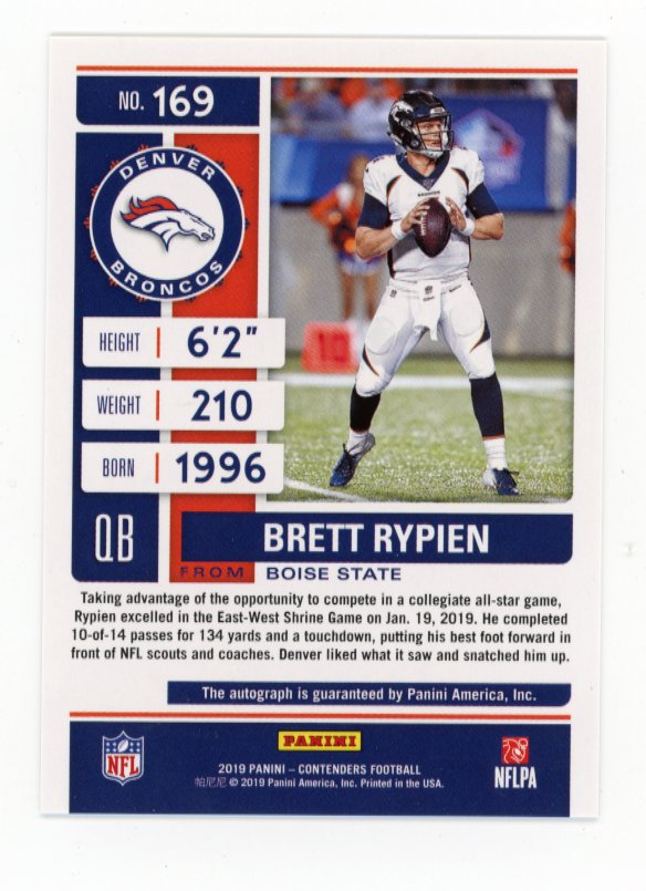 2019 Panini Contenders Brett Rypien Playoff Ticket RC #169 - #/99 Silver