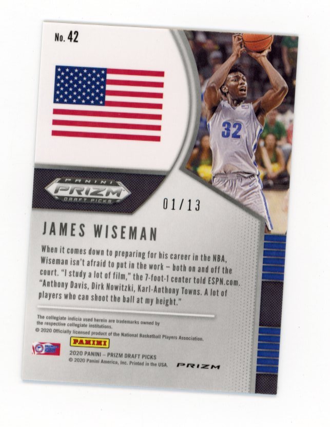 2020 Panini Prizm Draft Picks James Wiseman #42 - #/13 Blue Shimmer