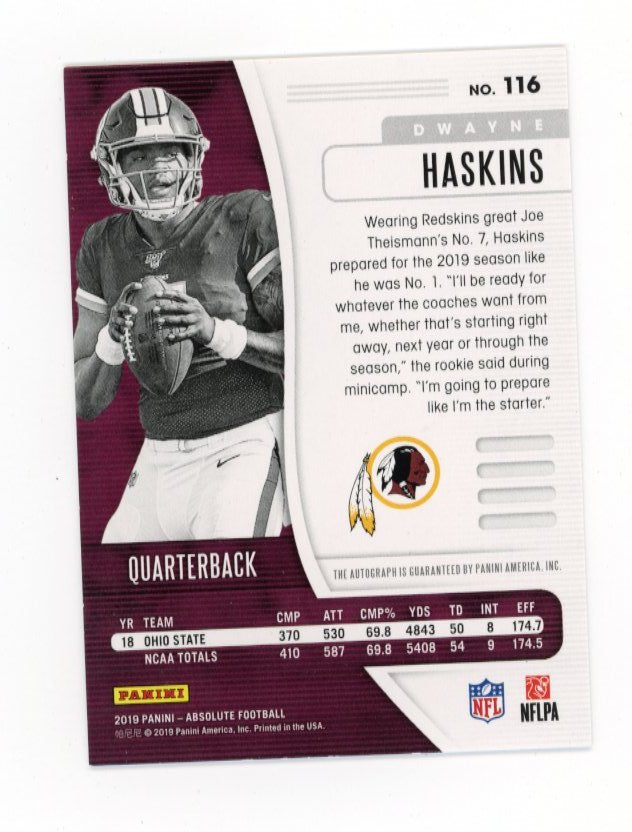 2019 Panini Absolute Dwayne Haskins RC #116 - #/20 Red Autograph