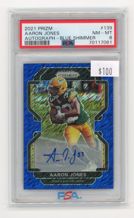 2021 Panini Prizm Aaron Jones #139 - Blue Shimmer Autograph #/5 PSA 8