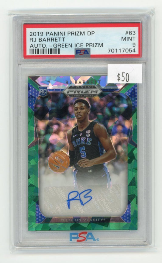 2019 Panini Prizm Draft Picks R.J. Barrett #63 - Green Cracked Ice Prizm #/18 PSA 9