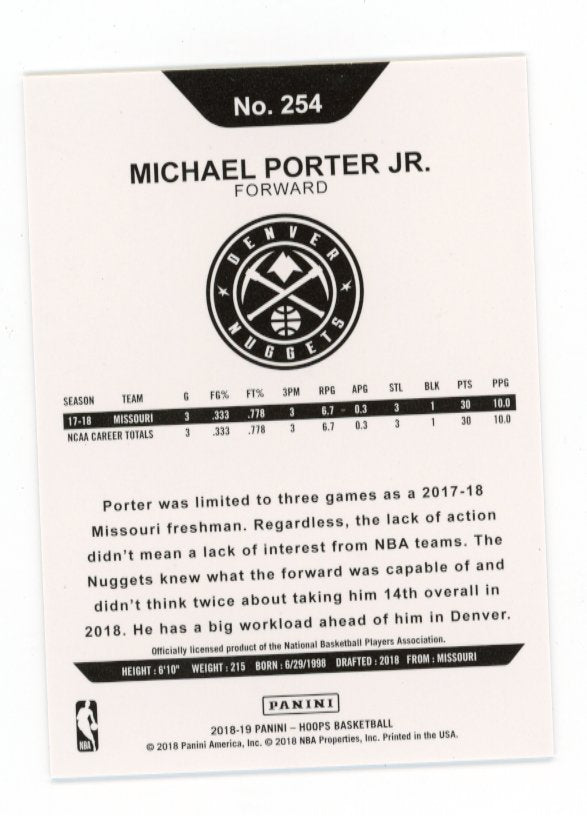 2018-19 Panini Hoops Michael Porter Jr #254 - Refractor #/199