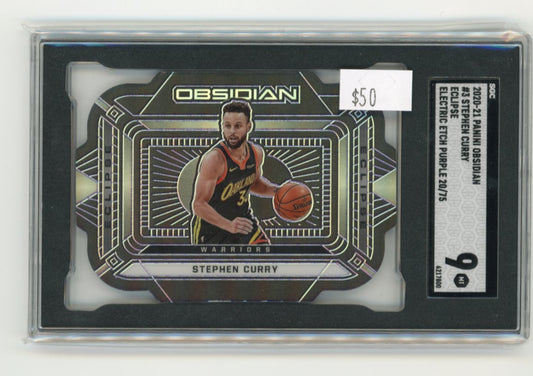 2020-21 Panini Obsidian Stephen Curry #3 - Eclipse Electric Etch Purple #/75 SGC 9