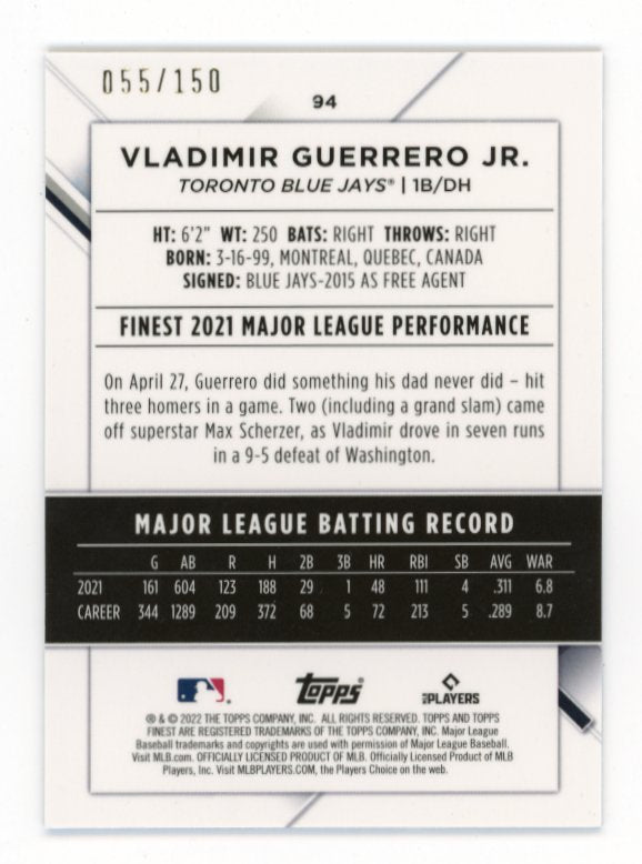 2022 Topps Finest Vladimir Guerrero Jr #94 - Blue Refractor /150