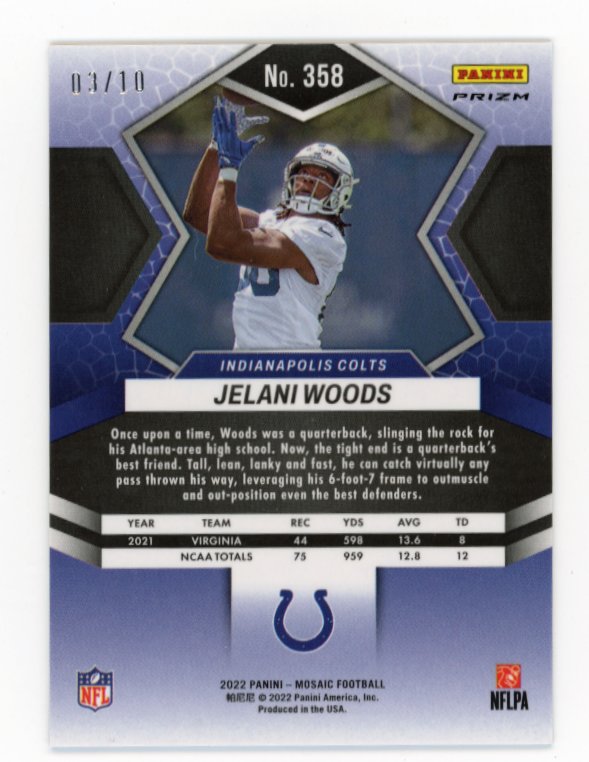 2022 Panini Mosaic Jelani Woods RC #358 - Gold Mosaic #/10