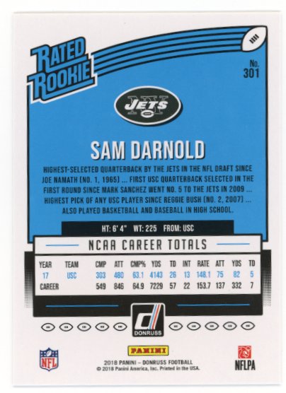 2018 Panini Donruss Sam Darnold Rated Rookie RC #301