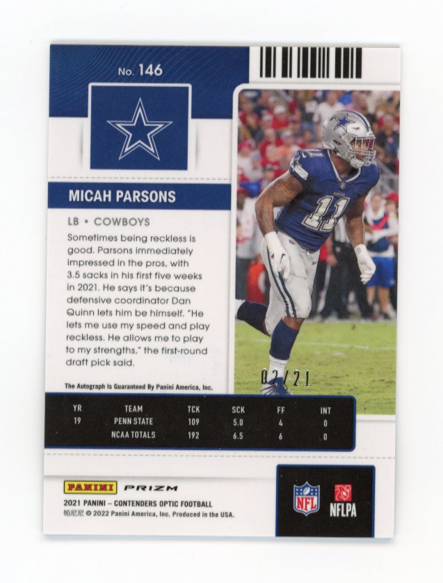 2021 Panini Contenders Optic Micah Parsons Rookie Ticket RC #146 - Autograph #/21 Purple Cowboys