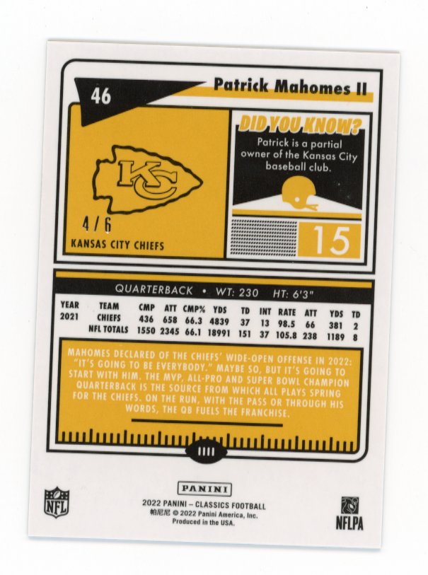 2022 Panini Classics Patrick Mahomes II #46 - Timeless Stars #/6 Chiefs